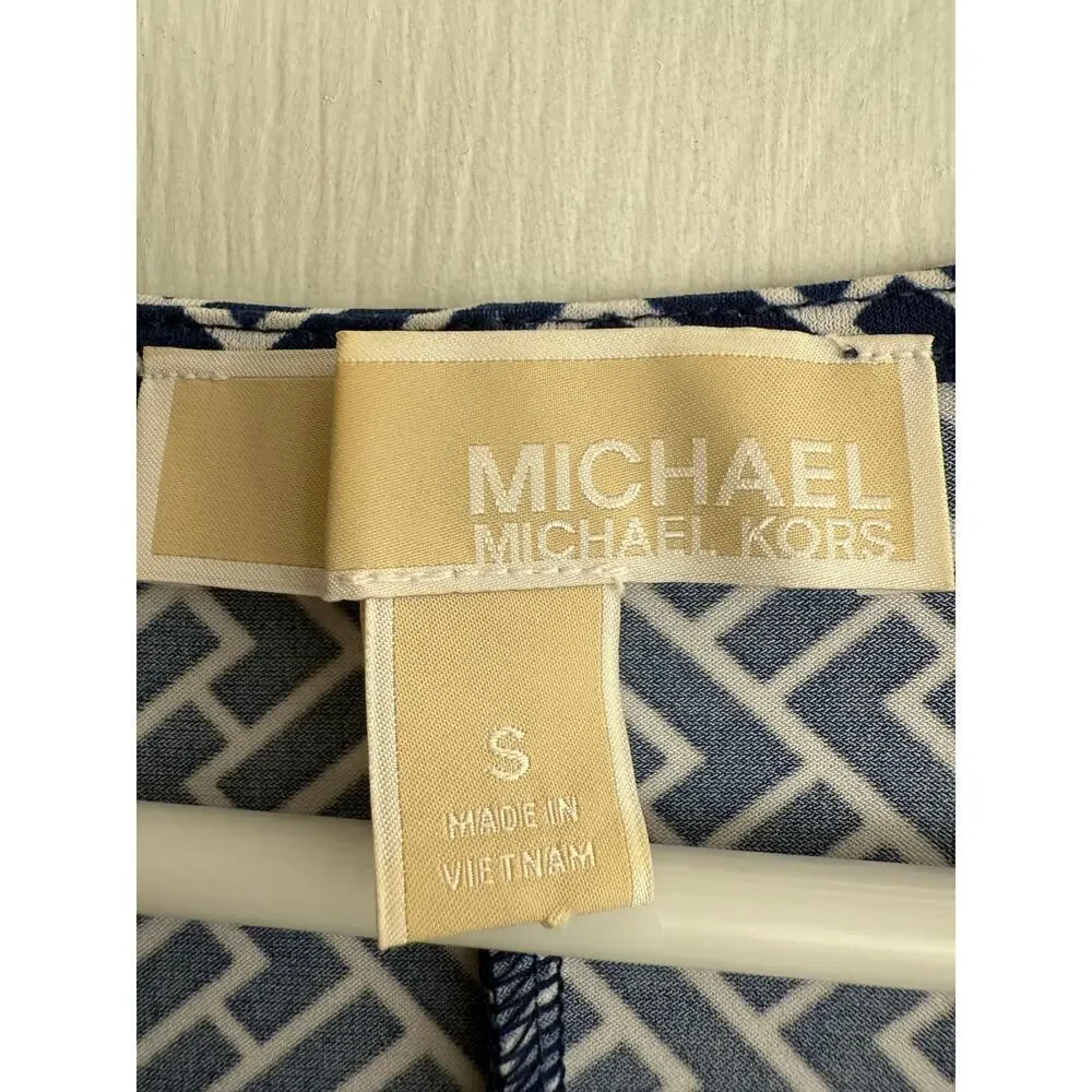 Michael Kors Navy and White Geometric Print Stretchy Cowl Neck Dress size Small